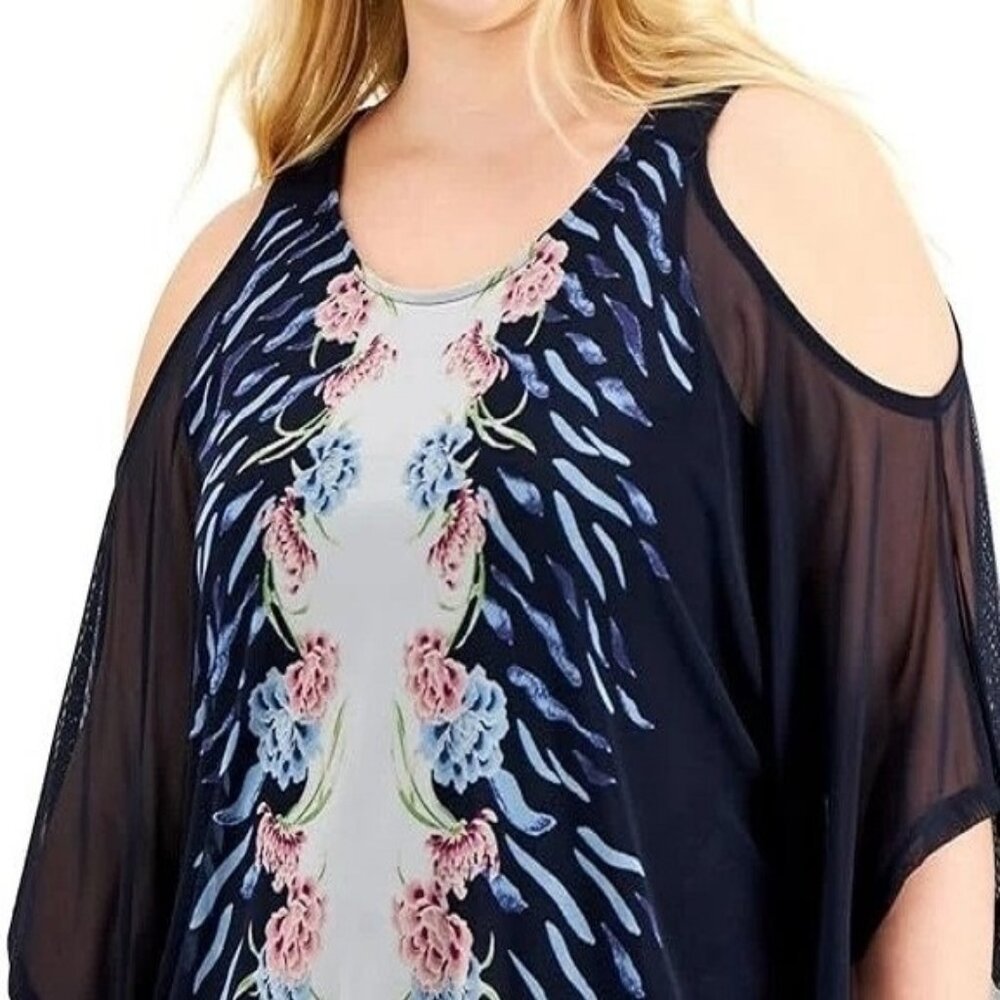 JM Collection Womens Floral Top Mesh Cold Shoulder 3/4 Sleeve Navy Blue- 1X